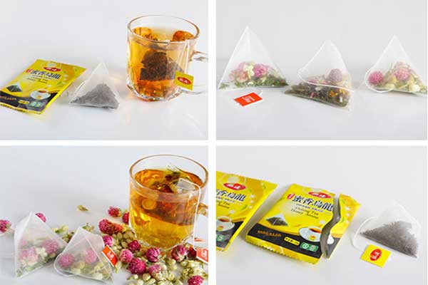 內(nèi)外袋茶葉包裝機(jī)可采用復(fù)合膜、過濾紙、無紡布等薄膜制袋